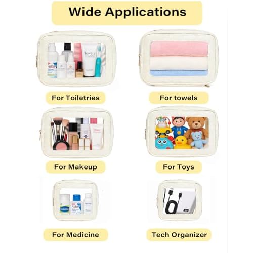 3Pcs Clear Makeup Bag Set for Women, Waterproof Travel Clear Makeup Bag Small Toiletry Bag Skincare Pouch Portable Travel Cosmetic Bag with Zipper Compact Car Organizer Bag for Essentials (White Set)