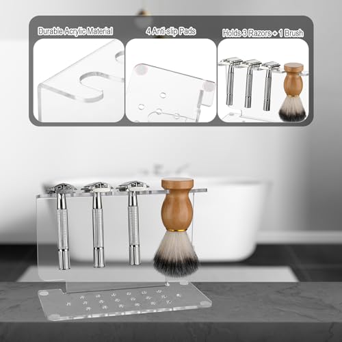 Beautyflier Safety Razor Stand, Clear Acrylic Razor Holder and Shaving Brush Stand, Men's Travel Shaver Stand Compatible with Most Razors and Brushes, Holds 3 Razors and 1 Brush (Stand Only)