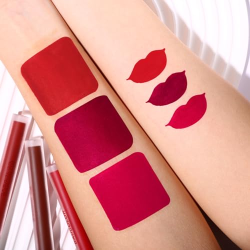 3 Colors Red Matte Liquid Lipstick Set, Burgundy Ruby Red Lip Gloss for Women, Vampy Halloween Makeup, High Impact Long Lasting Lip Stain, Nonstick Cup Smudge Proof & Waterproof Velvet Lip Tint