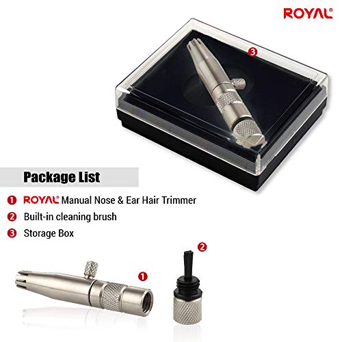 ROYAL [Made in Korea] Premium Manual Nose Hair Trimmer for Men Silver Bullet, Battery-Free, Stainless Steel Rotary Blade Grooming Tool, Waterproof, Safe & Painless with Patented Mechanism, ET-3