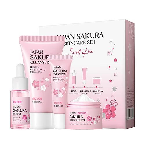 Travel Skincare Kit - Sakura Gentle Korean Skin Care Set for Teen Girls & Women | Hydrating Cleanser, Anti-Aging Serum, Moisturizer, Eye Cream - Radiant Skin Mini Holiday Box Gift (4PC)