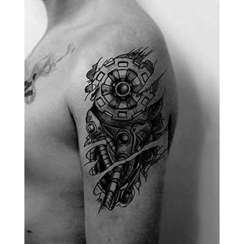 6 Sheets Temporary Tattoo Stickers Muscle Men Black 3D Mechanical Metal Arm Hollow Gear Shoulder Leg