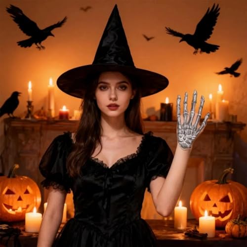 Skeleton Hands Temporary Tattoos - 4 Pairs of Creepy Left & Right Hand Fake Tattoos for Halloween, Scary Moving Joints Waterproof Skin Stickers for Costume Party