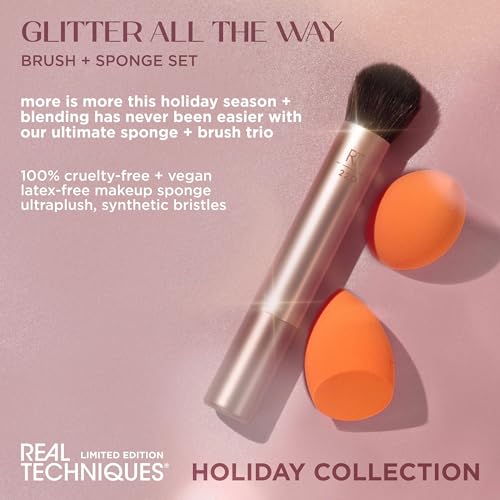 Real Techniques Glitter All The Way Brush + Sponge 3 Piece Holiday Gift Set, Makeup Sponges & Makeup Brush For Liquid & Cream Foundation, Contour, & Blush, Stocking Stuffer, Limited Edition