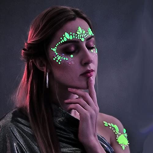 8Sets Glow in the Dark Face Gems Jewels Rave Noctilucent blacklight UV Body Stickers Luminous tattoos mermaid accessories pasties makeup for Women Halloween Festival