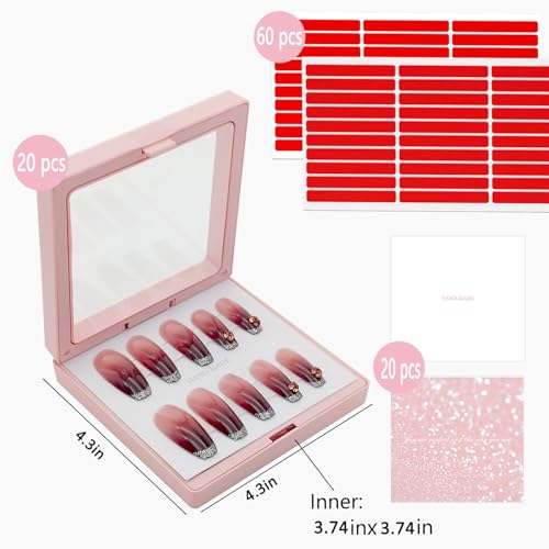 Press On Nail Packaging Boxes 3D Floating Press On Nail Storage Box Nail Display Box with 60pcs Double Sided Adhesive Nail Display Tape for Nail Tech (Pink, 4.3 inch)