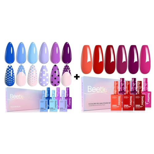 Beetles Gel Nail Polish Set - 6 Colors Hema-Free 15ML Full Size Baby Blue Purple Kit Wisteria with Red Winter 6 Burgundy Orange Pink 15ML