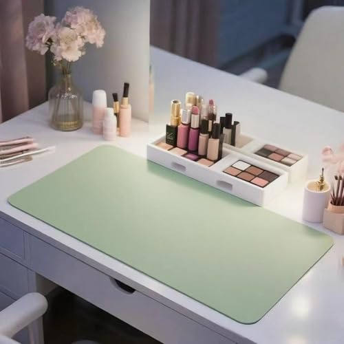15.7"x23.6" Waterproof Makeup mat -Easy to Clean PU Leather Vanity Table Protector, No-Slip Vanity Mat for Makeup Brushes, Jewelry, Skincare (Green)
