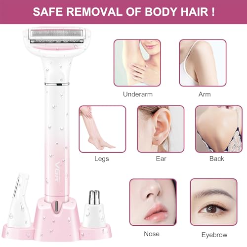 Electric Razors for Women, 3-in-1 Bikini Trimmer for Women with Nose Hair Trimmer & Eyebrow Razor, IPX5 Waterproof Cordless Rechargeable Womens Electric Shaver for Face Legs Armpits Pubic Hair Removal