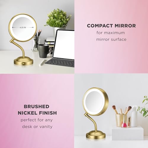 Conair Lighted Makeup Mirror, LED Vanity Mirror, 1X/5X Magnifying Mirror, Battery Operated in Brushed Brass