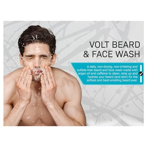 VOLT Face & Beard Wash for Men, Sulfate Free Cleanser with Shea Butter, Argan Oil & Caffeine, Plant Based, Hydrating & Conditioning, Outback Sandalwood Scent, Refillable Aluminum Bottle, 30 Oz Bottle