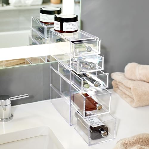 iDesign Stackable Makeup Organizer for Bathroom Countertop or Vanity-Set of 2-Clear Tower-5 Drawer M2