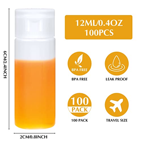 100 Pcs 12ml 0.4oz mini Plastic Sample Bottle Flip Cap Empty Travel Bottles Small Squeeze Sample Containers Leakproof Refillable for Makeup Cosmetic Toiletry Foundation