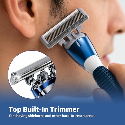 6-Blade Manual Razor for Men with Lubricating Strip, 1 Ergonomic Non-Slip Handle Includes 2pack Razor Blade Refill Cartridges, with Hanging Hook & Cleaning Brush, Full Washable Design
