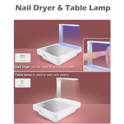 Nail Dust Collector with Lamp, Professional Nail Vacuum Dust Collector Suction Extractor Fan Manicure Machine for Acrylic Nail Gels Dip Removal, White