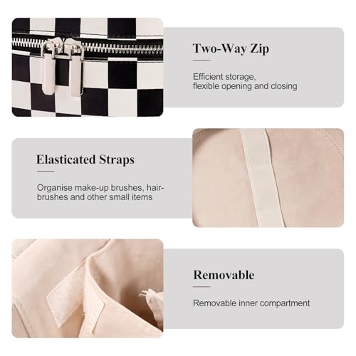 Makeup Bag, Checkered Makeup Bag with Compartments and Handle, Portable Cosmetic Organizer Bags,Toiletry Bag for Women