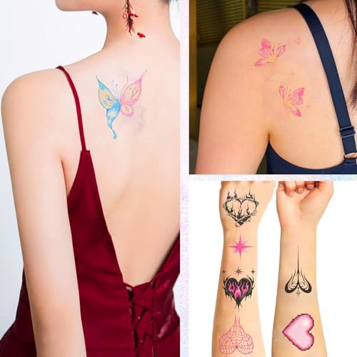 LOGJAM 20 Sheets Y2K Temporary Tattoos Stickers for Girls, Butterfly Aesthetic Cool Cyberpunk Waterproof Temporary Tattoo Decals