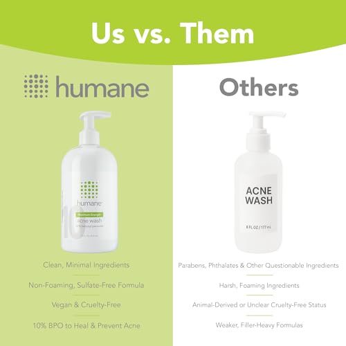 humane Benzoyl Peroxide Acne Body Wash - 10% Maximum-Strength Face, Skin, Butt, and Back Acne Treatment - 16 Fl Oz - Dermatologist-Tested Non-Foaming Acne Face Wash Cleanser - Vegan, Cruelty-Free