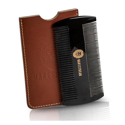 Premium 100% Oxhorn Dual-Action Beard Comb with Genuine Leather Case ? the Perfect Beard Grooming Gift for Men by Man & Mane.