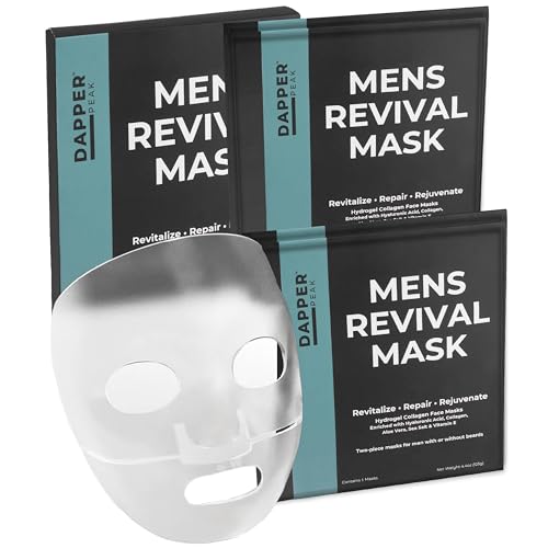 Mens Revival Mask|2pc Hydrating Hydrogel Mens Face Mask with Hydrolyzed Marine Collagen, Vitamin E, Hyaluronic Acid, Aloe|Oversized, Beard-Friendly Sheet Mask for Men| Relaxing Collagen Face Mask