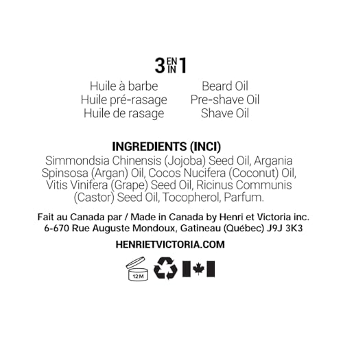 HENRI ET VICTORIA Beard Oil Cognac and Cuban Cigars Fragrance | Canadian Made by Skilled Artisan | Moisturizing, Non-Greasy, Natural Ingredients | 28g (1oz)