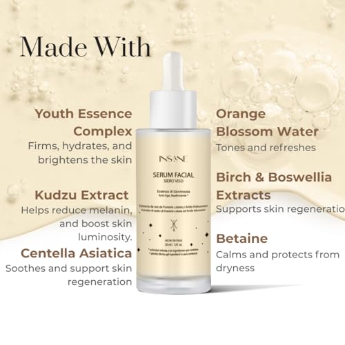 Youth Essence Brightening Face Serum - Even Skin Tone, Plumps & Hydrates with Kudzu, Centella Asiatica, Hyaluronic Acid ? Brightening Face Serum. Vegan & Dermatologically Tested