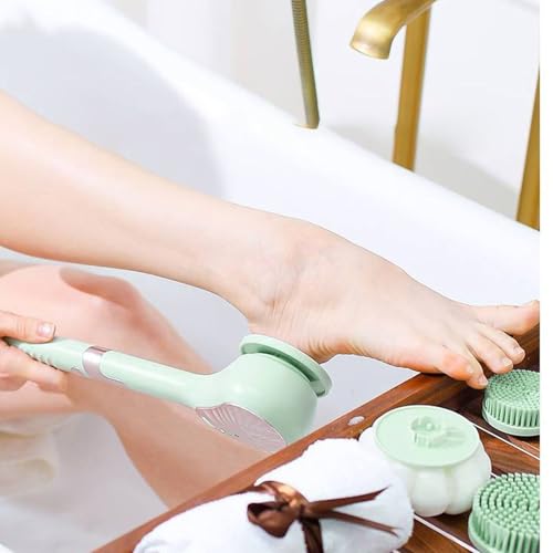 Rechargeable Electric Back Scrubber Body Brush with 3 Gears Multifunctional Shower Bathing Tool, Detachable Long Handle & 6 Brush Heads for Complete Shower Use - Light Green