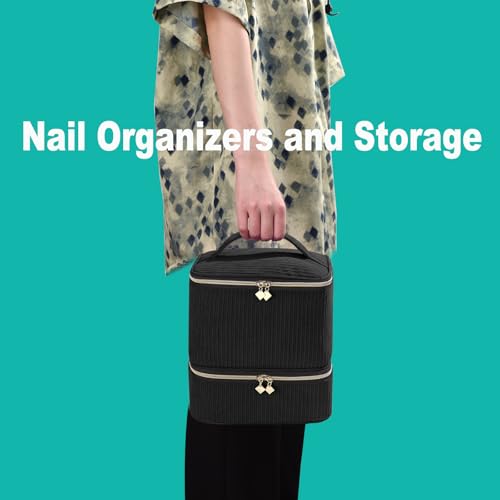Corduroy Nail Polish Organizer and Nail Lamp Case, Nail Kit Organizer Holds 30 Bottles (15ml - 0.5 fl.oz) and a Nail Lamp, Nail Polish Carrying Case with Manicure Tools Storage Sections (Black)