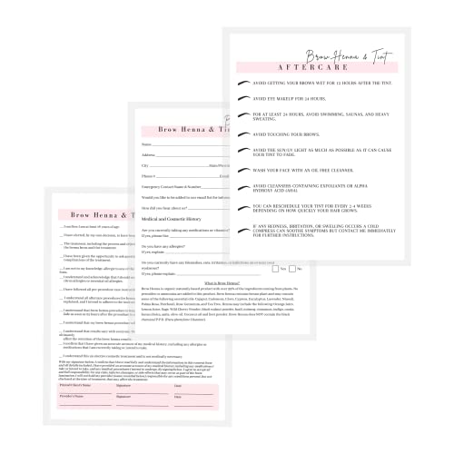 Brow Henna and Tint Intake Forms, Consent, and Aftercare Instruction Cards | 75 pk, 25 of Each | for Client Signature Medical History Information 8.5x11¡± A1