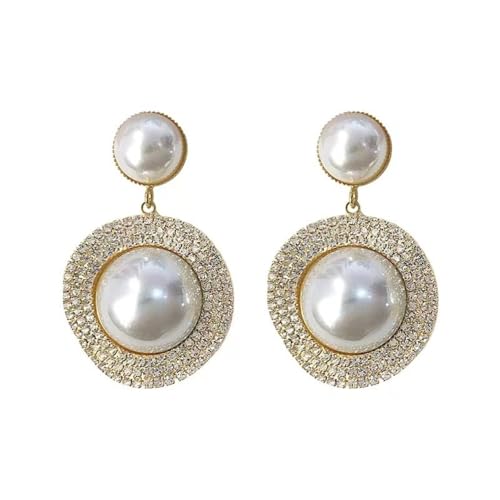Xerling Bling Rhinestone Pearl Button Stud Earrings for Women Shiny Statement Pearl Dangle Bridal Earrings for Wedding Prom Party