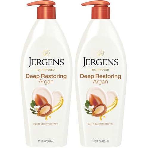 Jergens Deep Restoring Argan Oil Moisturizer, Soothing Body and Hand Lotion, with Reviving Argan_Oil and Vitamin E, Oil-Infused, Dermatologist Tested, 16.8 oz (Pack of 2)
