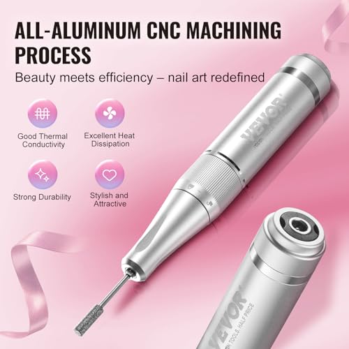 VEVOR Electric Rechargeable Nail Drill, 40,000RPM Portable Cordless Nail E File Machine, LCD-Display Acrylic Gel Grinder Tool with 6 Bits and 50PCS Sanding Bands for Manicure Pedicure Carve Polish