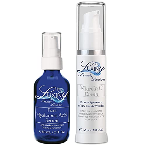 Hyaluronic Acid Serum and Vitamin C Cream, Anti-Aging and Anti-Wrinkle Moisturizer, Natural Hydration, Reduces Hyperpigmentation