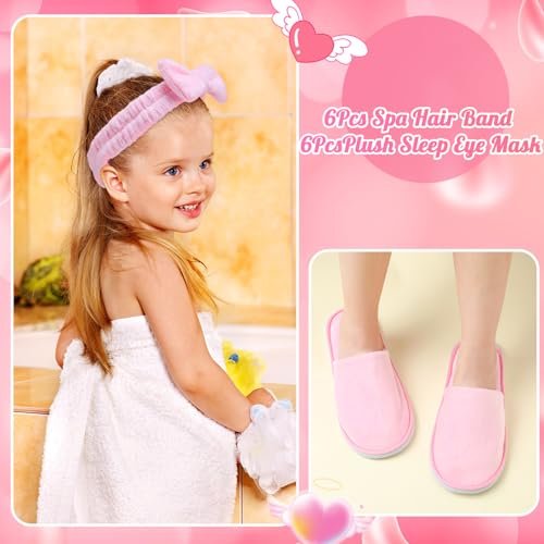 12 Pcs Girls Spa Party Supplies for Kids Gifts Sleepover Party Supplies Include 6 Closed Toe Kids Disposable Slippers 6 Bow Spa Headbands for Makeup Slumber Favors Birthday