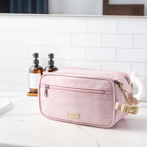 PAVILIA Toiletry Bag for Women, Canvas Travel Dopp Kit, Water Resistant Hygiene Bag Toiletries Organizer, Shaving Kit Travel Accessories Bag, Pink, Extra Large