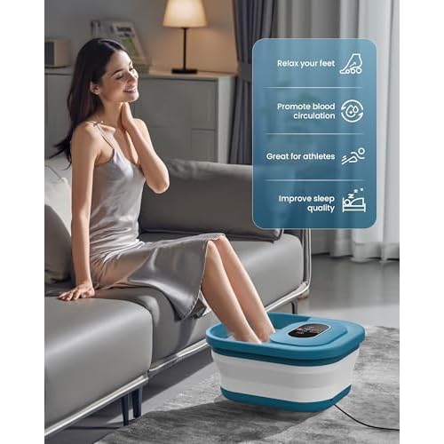 COMFIER Collapsible Foot Spa Bath Massager with Heat, Pedicure Foot Spa with Bubbles, Red Light, Pumice Stone and Shiatsu Massage Rollers, Heated Bath Spa for Relaxation and Stress Relief (Blue)