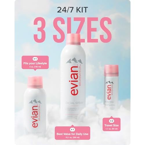 Evian Facial Spray 24/7 Kit - Hydrating Mineral Water Mist for Face & Skin - Refreshes Makeup, Sets, & Tones - Travel-Friendly Sizes for Daily Moisture Boost