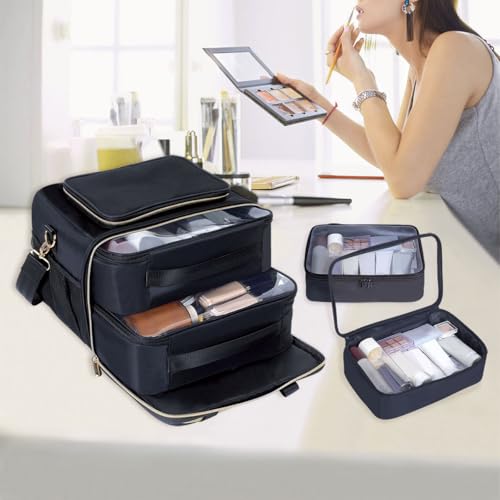 Large Makeup Bag for Women, Travel Toiletry Bag with 2 Removable Pouches, Wide-Open Design for Toiletries, Cosmetics, Brushes & Beauty Tools (Black)