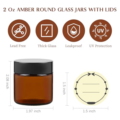 TUZAZO 2 Oz Thick Amber Round Glass Jars with Inner Lids and Black Lids, 24 Pack Small Empty Candle Making Jars/Cosmetic Containers for Lotions, Creams, Body Butters, Essential oil Beauty Products