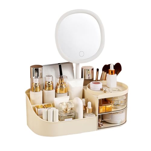 DASITON Makeup Organizer with Rechargeable Mirror,Makeup Brush Holder with 2 Drawers,Skincare and Cosmetics Organizer Countertop,Large Capacity Cosmetic Display Case for Vanity,Bedroom,Bathroom(Cream)