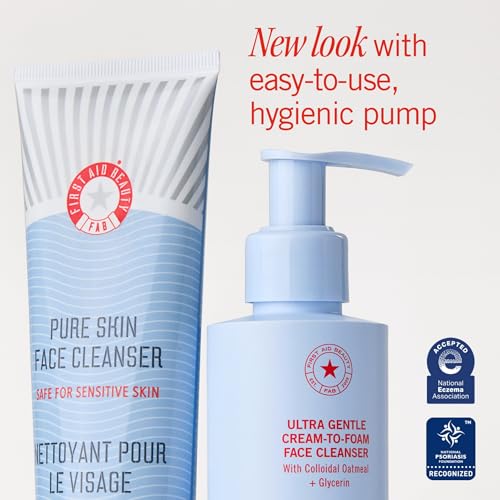 First Aid Beauty Ultra Gentle Cream-to-Foam Pure Facial Cleanser ? Makeup Removing Face Cleanser - Face Wash with Colloidal Oatmeal & Glycerin, for Sensitive, Acne & Blemish-Prone Skin, 2 oz