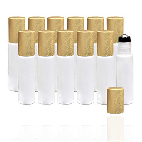 12-Pack 10ml White Glass Roller Bottles with Brushed Gold Leakproof Caps ? Refillable Roll-On Bottles with Updated Roller Insert for Essential Oils, Serums, Perfumes, and DIY Aromatherapy