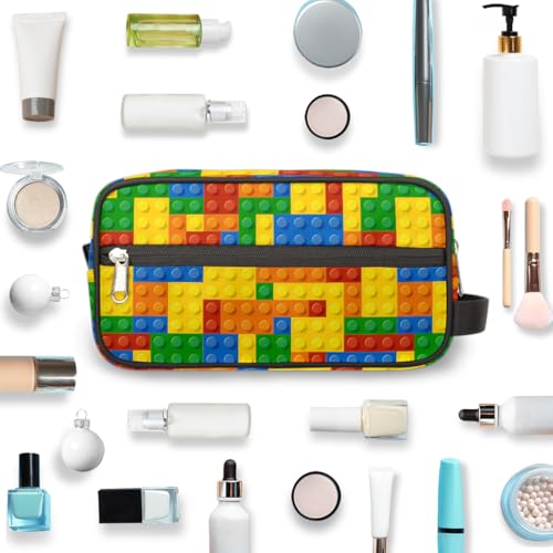 Kids Travel Toiletry Bag - Colorful Building Blocks Waterproof Hanging Cosmetic Hygiene Bags for Boys Men - Large Shave Kit for Toiletries Accessories Bathroom Stuff