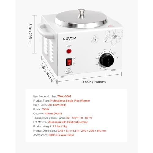VEVOR Single Wax Warmer, 600ML Professional Wax Warmer for Hair Removal, 32 ¢µ to 176¢µ Adjustable Electric Waxing Heater Pot with 100PCS Waxing Sticks for Home Use, Beauty Salon, Spa