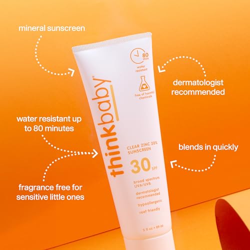 Thinkbaby SPF 30 Mineral Baby Sunscreen, Clear Zinc Oxide, 3 fl oz ? Natural, Water Resistant, Kids & Toddler Sun Protection, Reef Safe