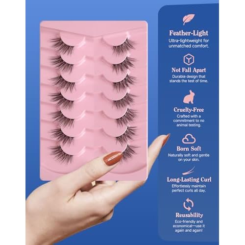 Half Lashes Natural Eyelashes 3/4 Wispy Lashes Natural Look Cat Eyelash False Corner Lash Long Strip Fluffy Pack 7 Pairs 16MM D18