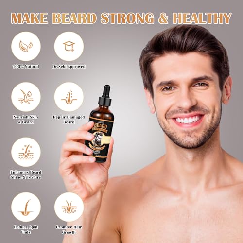 2 PACK Beard Growth Oil for Men, 100% Natural Beard Oil with Argan Oil, Jojoba Oil, Castor Oil - 6.76 FL/200ML Fresh Fragrance Beard Conditioner Softens, Nourishes,Strengthens, Promotes Beard Growth