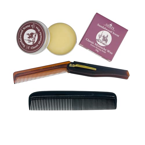 Sandalwood Mustache Wax Kit ? Classic Scented Wax with Extra Strong Hold, 5.5" Folding Comb & 5" Fine/Coarse Travel Comb