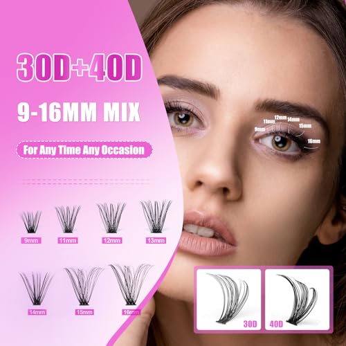 Fluffy Lashes Clusters Kit 280PCS Wispy Lashes Clusters 8-16mm D Curl Natural Look Cluster Eyelash Extensions with Waterproof Lash Bond, Seal, Tweezer for At-Home Use