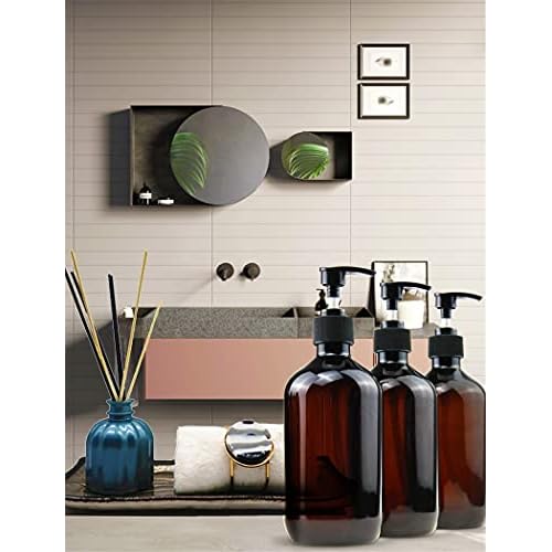 Empty Plastic Bottles with Pump Dispenser and Labels Included, Refillable Travel Containers for Hand sanitizer Shampoo Lotion, etc - No BPA/Parabenf, 500ml/16.9oz (Amber, 6 Pack)